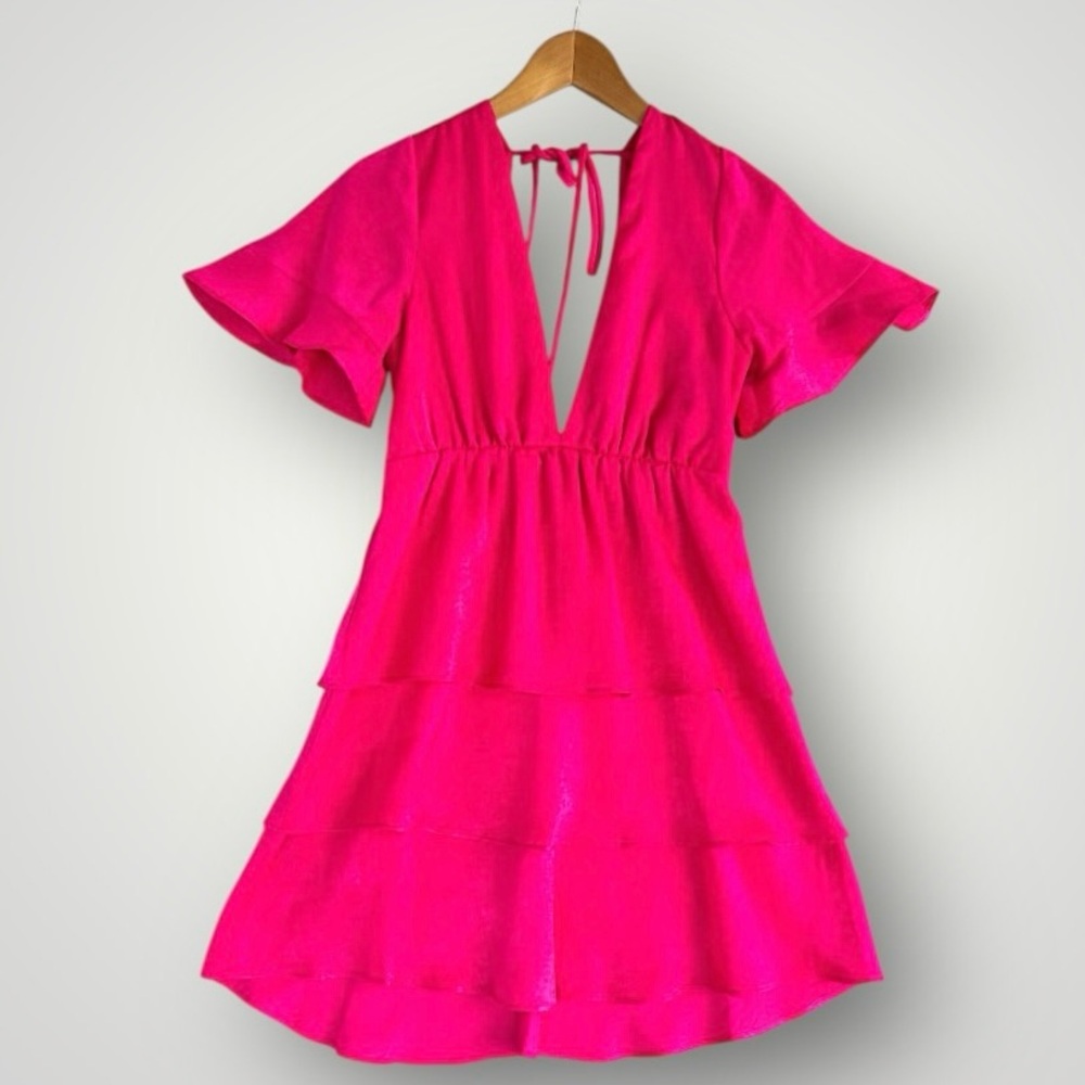 Show Me Your MuMu Bright Hot Pink Tiered V-Neck Mini Dress